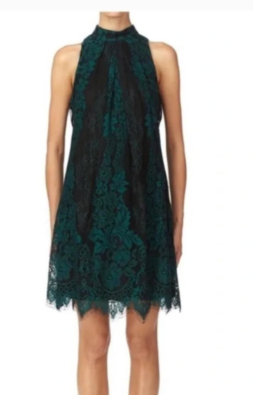 Erin By Erin Fetherston Twiggy PETITE Black Teal Lace Pleated High Neck Dress
